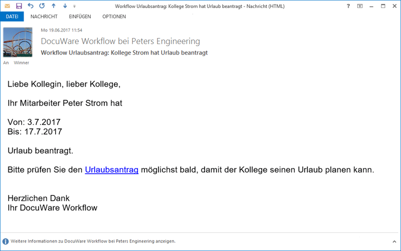 Sendet ein Mitarbeiter z.B. seinen Urlaubsantrag ab, erhält die Führungskraft den Link zum Antrag sofort per Mail, öffnet ihn und kann ihn direkt bearbeiten.