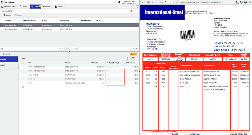 In the DocuWare Client, you can quickly spot discrepancies between the invoice, purchase order and delivery note.