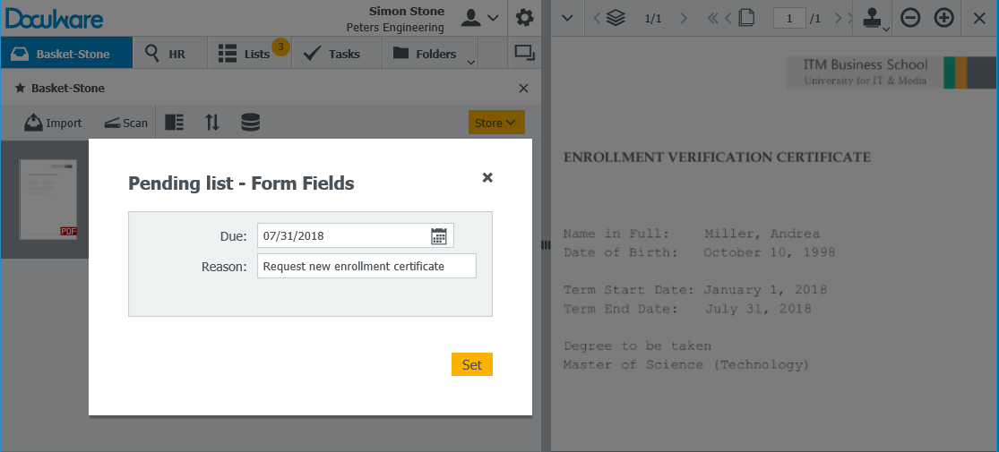 An enrollment certificate that is stamped for resubmission becomes part of your pending task list