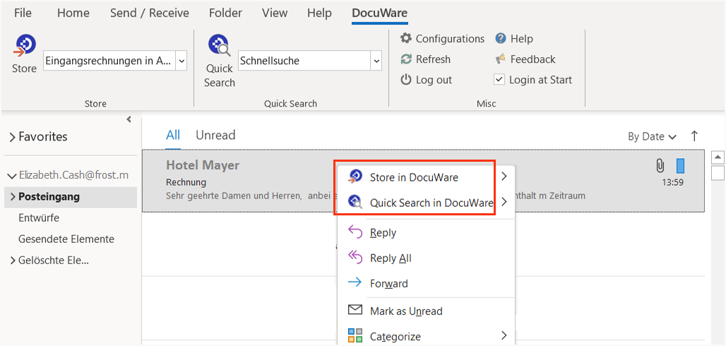 Store email attachments to DocuWare
