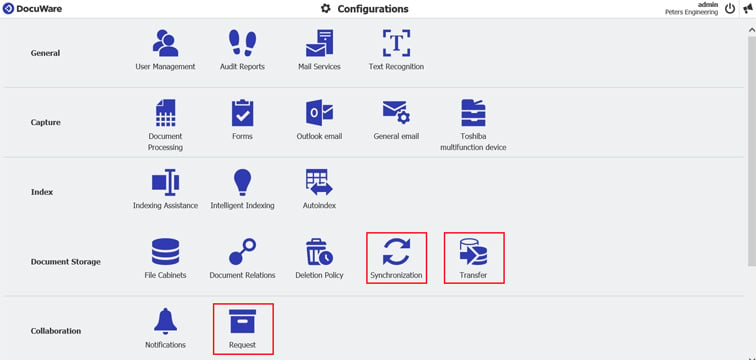 The Synchronization, Transfer and Request modules can be found within DocuWare configuration.