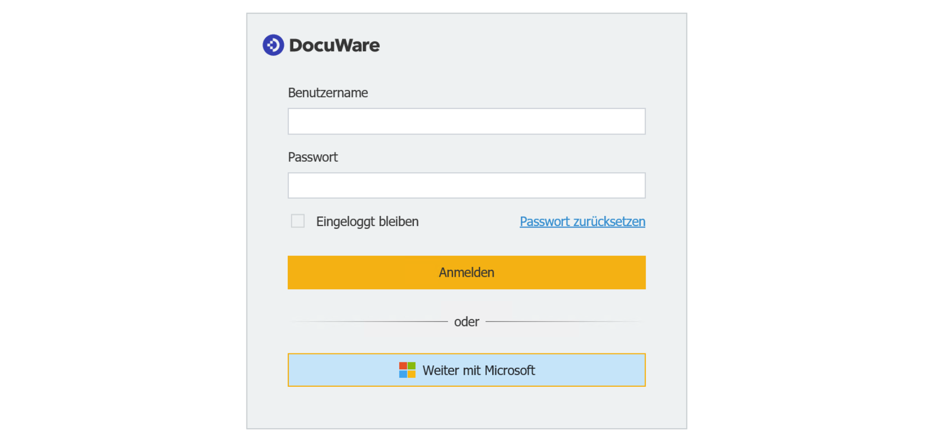 Login-Dialog in DocuWare: Mit „Weiter mit Microsoft“ werden Sie per Identity Provider automatisch in DocuWare angemeldet.