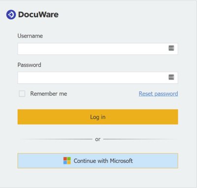 Login dialog in DocuWare: Click "Continue with Microsoft" to automatically log into DocuWare using an Identity Provider.