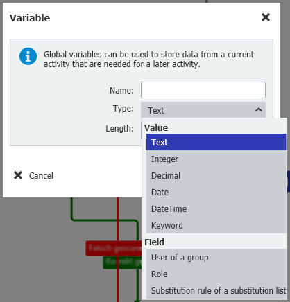 There are different types of variables, for example, for text or data. When you create the variable, simply select the appropriate type.