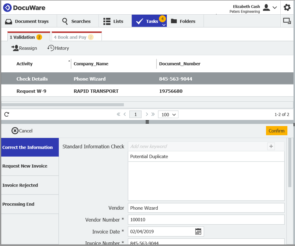 A possible duplicate is displayed during a cross-check in the accounting department.