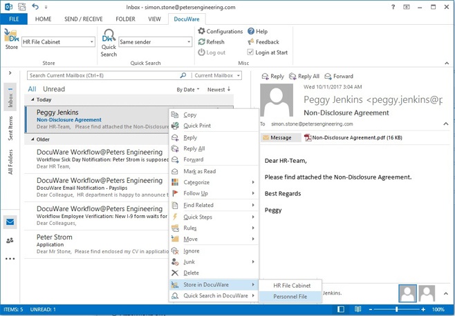 Email in Outlook with DocuWare Storage