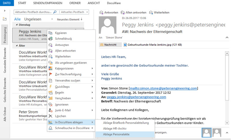 E-Mail in Outlook mit DocuWare-Ablage