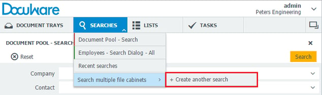To launch a search through multiple file cabinets, go to "Searches > Search multiple file cabinets > Create another search".