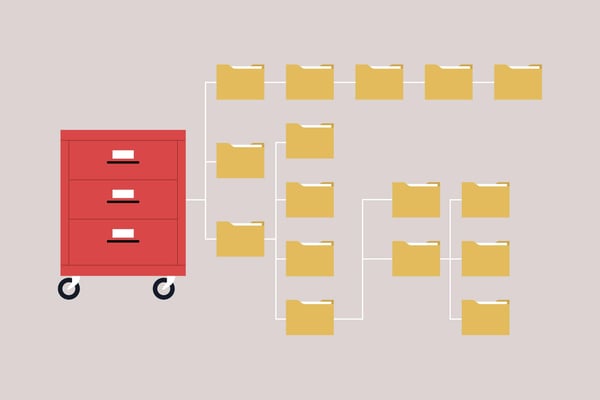 Red file cabinet and folders outside of it arranged in a digital structure