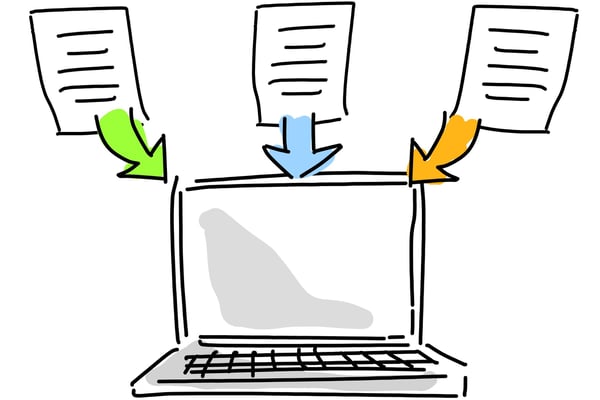 Drawing of computer with arrows pointing toward it and documents above the arrows