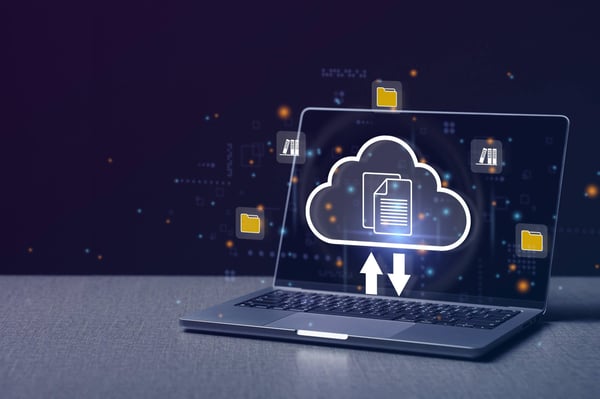 1 Illustration of a laptop that shows a cloud that contains document icons