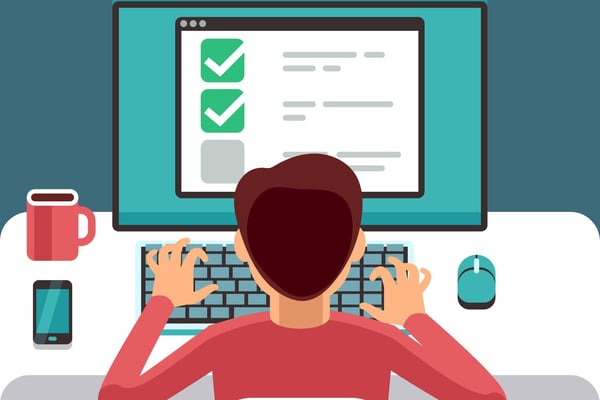 Illustration of a view of a man from the back filling out a form on his computer