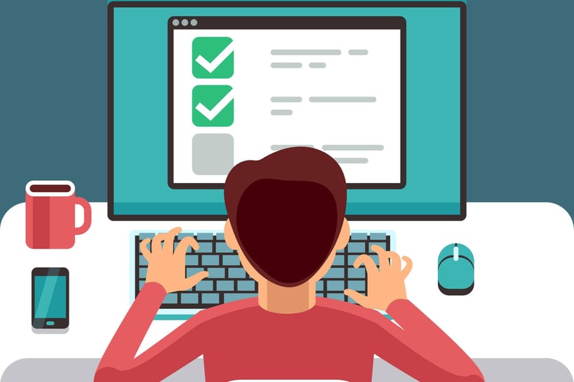1 illustration of a view of a man from the back filling out a form on his computer