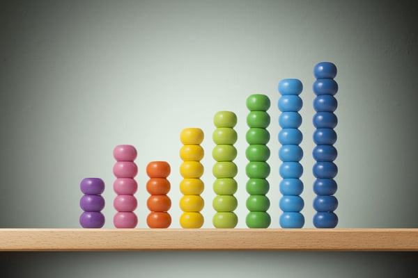 Gráfico de barras que muestra el crecimiento empresarial hecho con cuentas de colores de ábaco en la estantería
