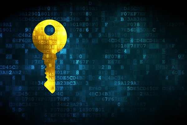 Yellow digital key on a blue background superimposed with computer code