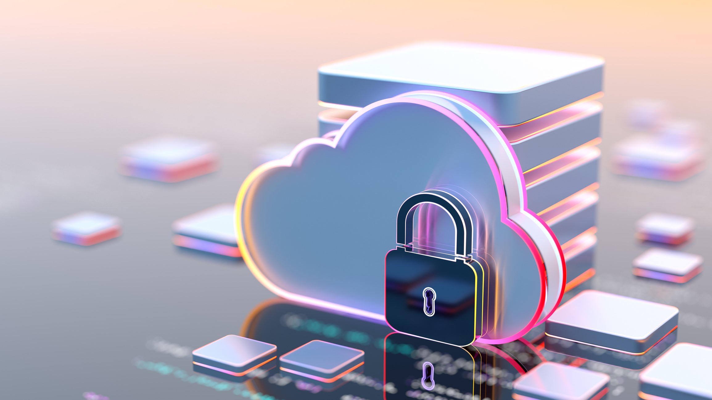 Illustration of a cloud with a lock superimposed on it on a digital background depicting innovative technologies in data protection