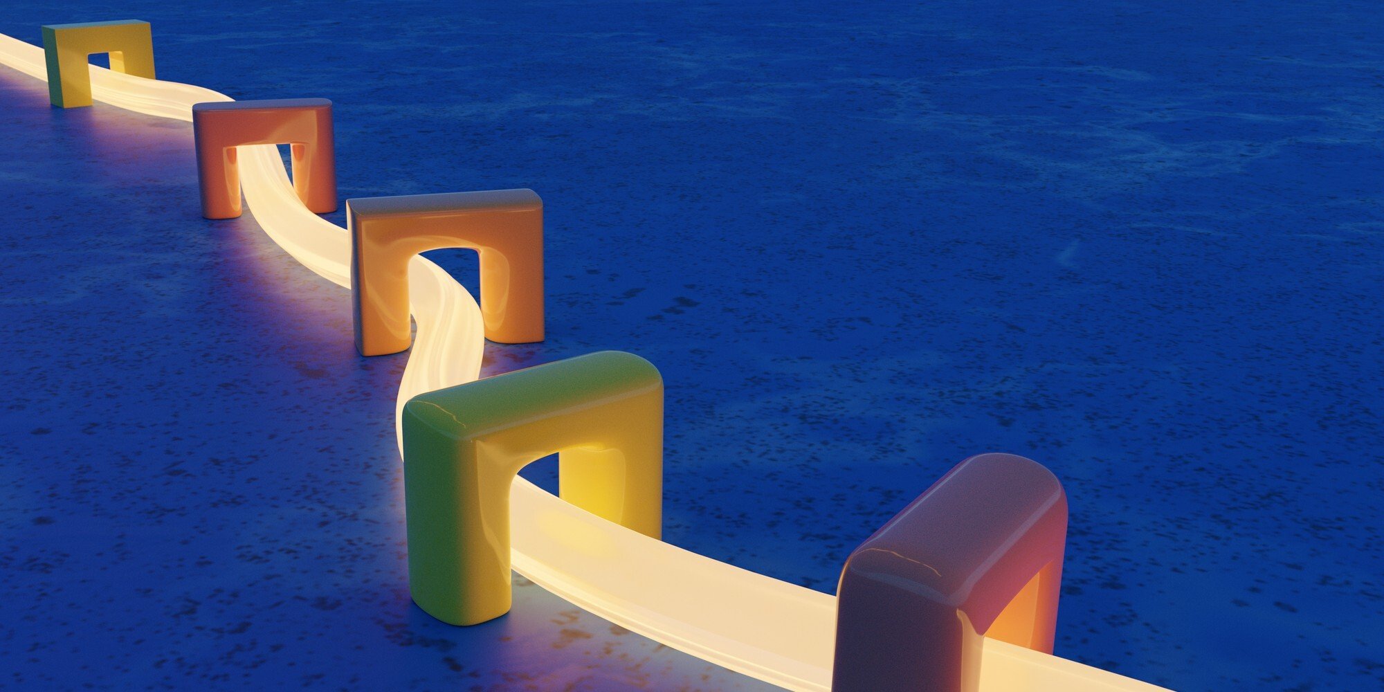 Abstract scene where a tube of light connects several arches