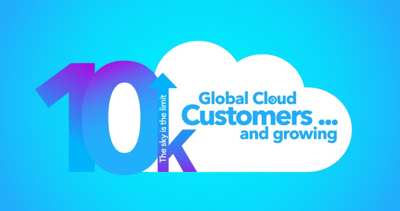 Image with 10K in large blue numbers superimposed on an illustration of a cloud celebrates DocuWare's 10,000th cloud customer