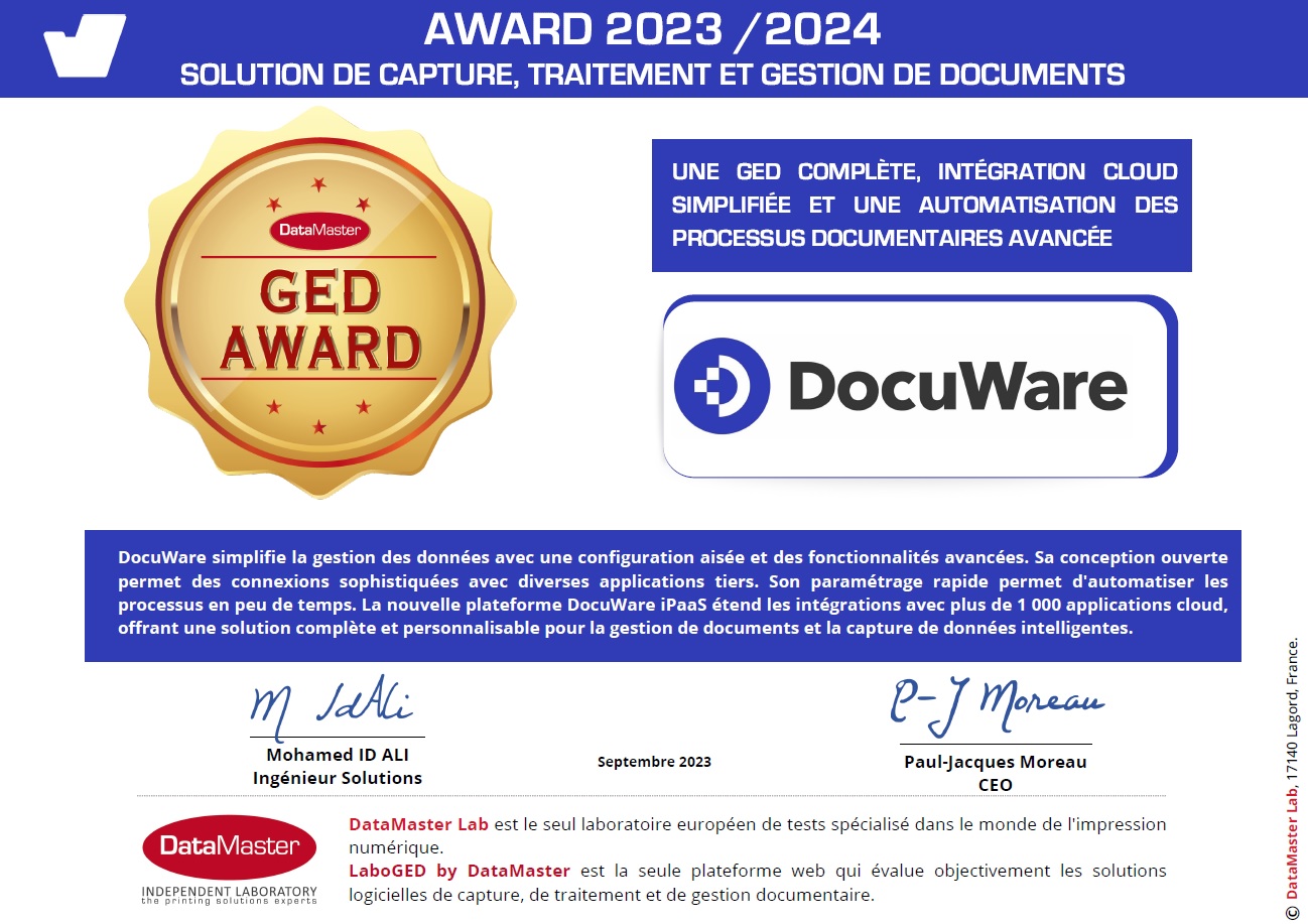 DocuWare élue meilleure solution GED 2023/2024 par DataMaster Lab