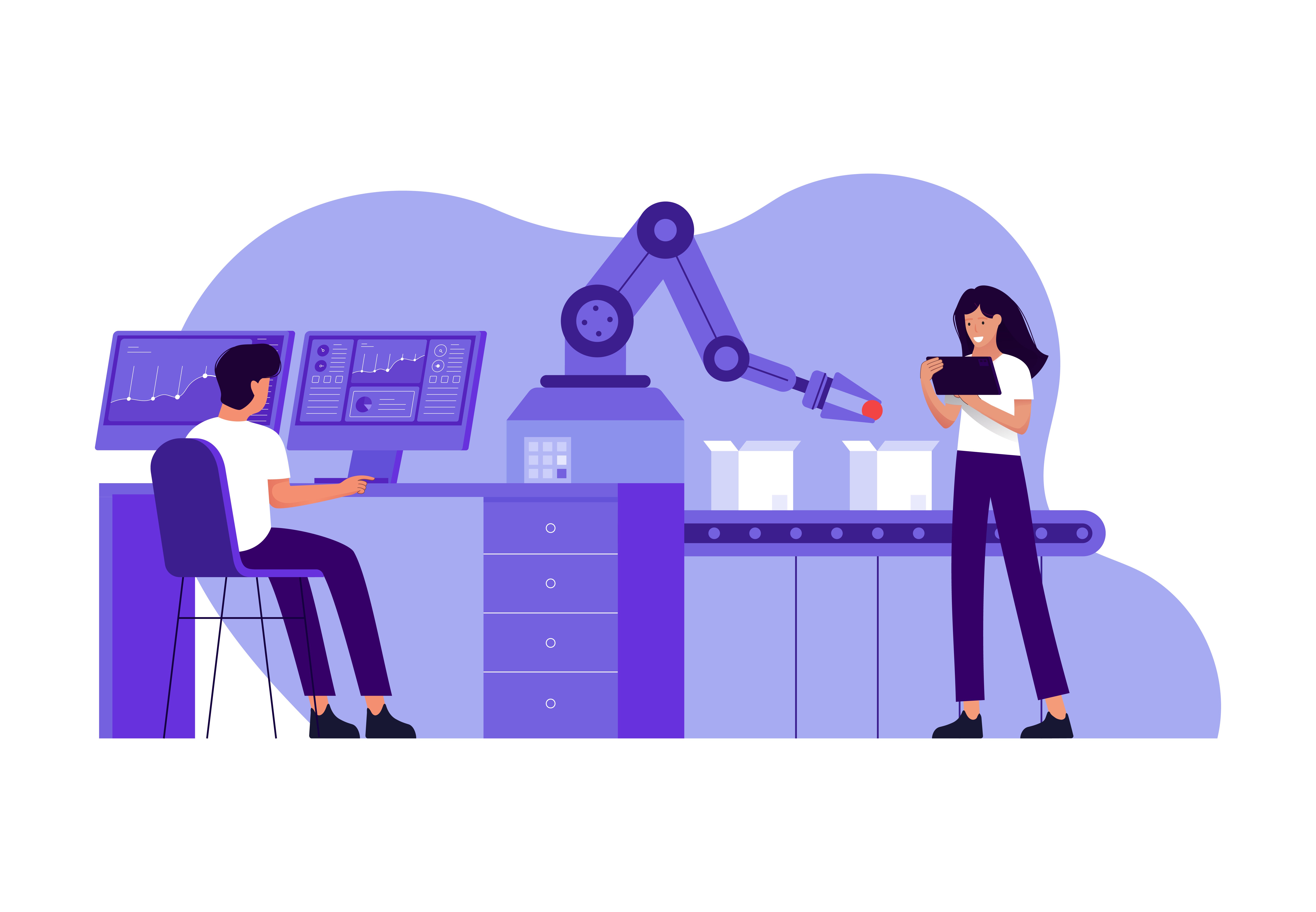 illustration showing employee working on computer with document management software alongside manufacturing line with robotic arm controlling product and another employee overseeing the line