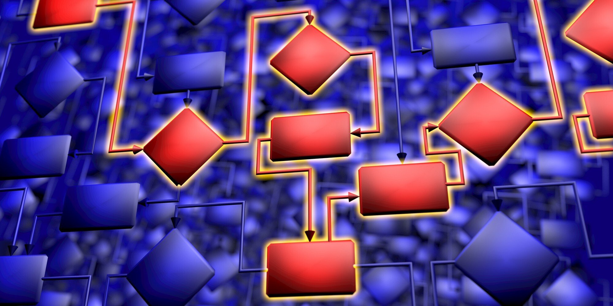 Workflow diagram made up of red boxes on a blue background represents a decision algorithm