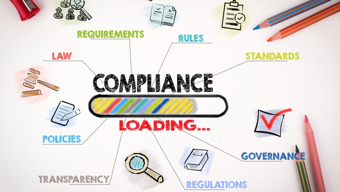 The word compliance above a bar that shows compliance-related words loading including rules, transparency and regulations