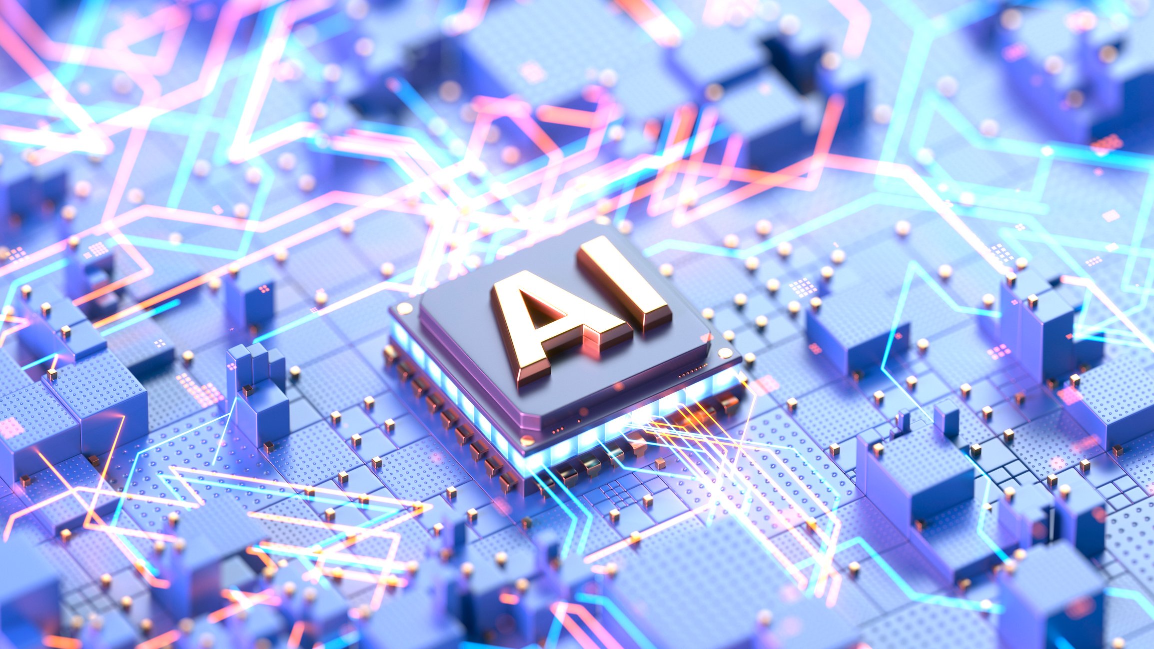 Close up of an AI chip on a futuristic circuit board, highlighting artificial intelligence and digital connections