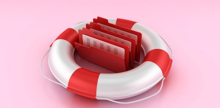 Red and white stripped life preserver with red folders in the middle of it to represent document archiving